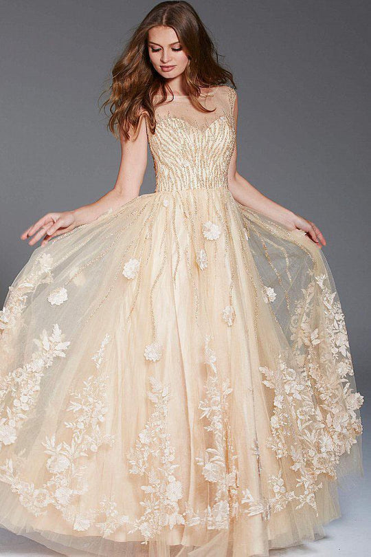 56007 Embellished Floral Applique Illusion Bateau Ballgown