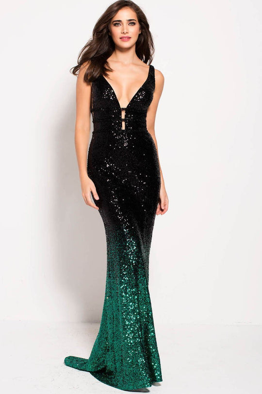 56015 Plunging Sequined Tri-band Sheath Gown