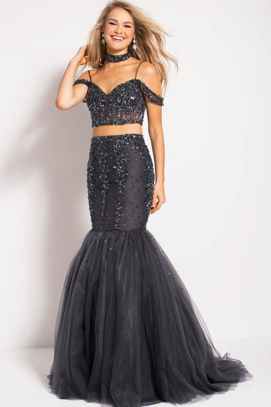 56035 Two-Piece Off Shoulder Crystal Mermaid Gown