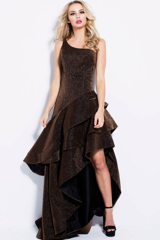 56053 Asymmetrical Glitter Jersey High-Low Gown