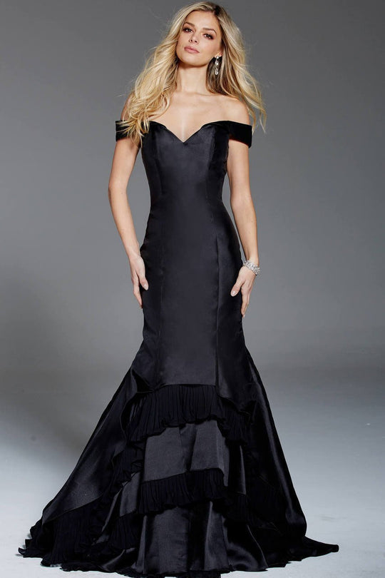 56077 Off Shoulder Ruffled Inset Mikado Mermaid Gown