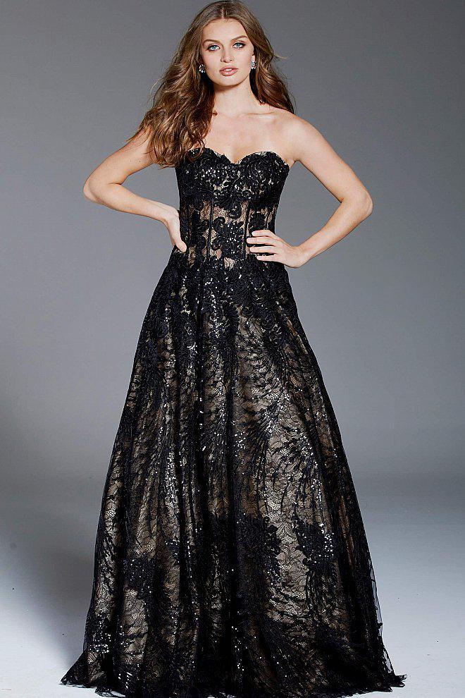 56091 Appliqued Strapless Corset Evening Gown