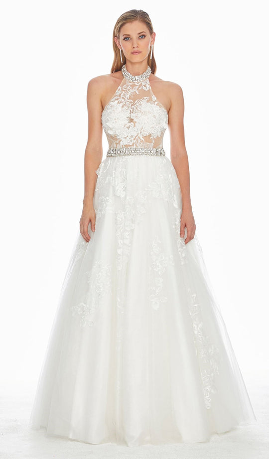 Ashley Lauren - 1402 Embroidered Halter Tulle Ballgown In White