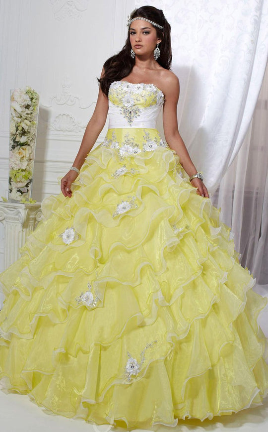 Tiffany Homecoming - 56226 Strapless Floral Appliqued Ballgown In Yellow and White