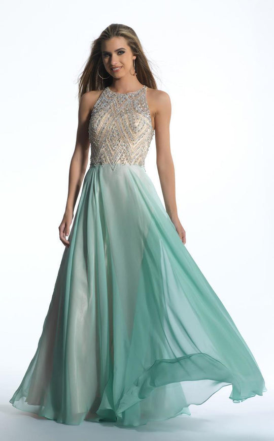 Dave & Johnny - 1228 Illusion Gem Crusted A-Line Gown in Green