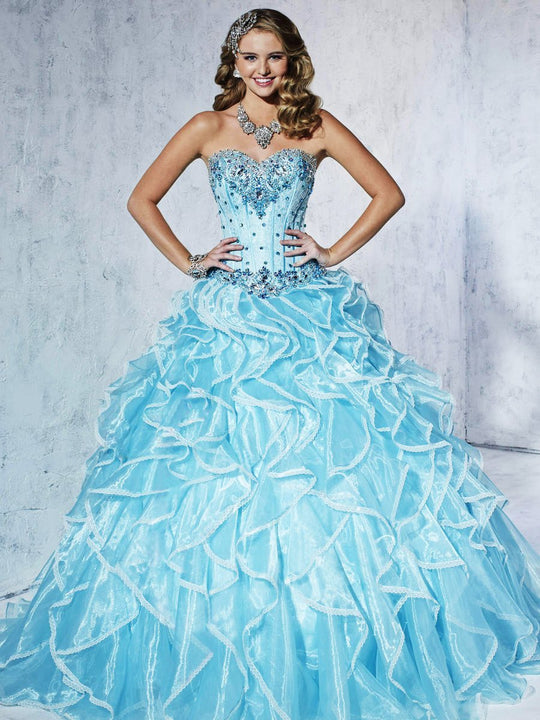 Tiffany Homecoming - 56254 Sequined Sweetheart Ruffled Ballgown In Blue and White