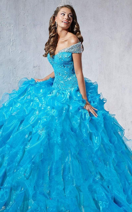 Tiffany Homecoming - 56257 Ornate Off-Shoulder Lace Bodice Ballgown In Blue