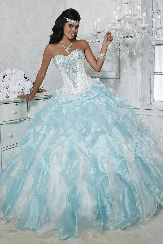 Tiffany Homecoming - 56268 Strapless Bejeweled Organza Ballgown In White and Blue