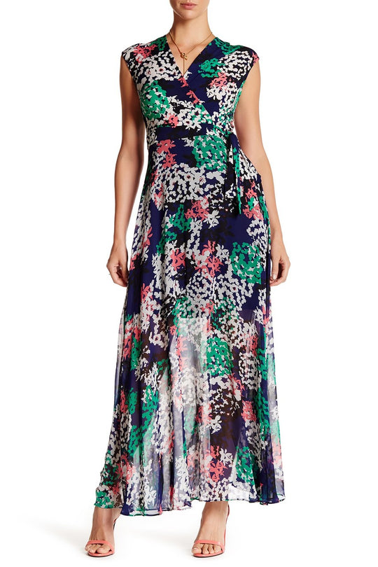 Taylor - 8391M Surplice Chiffon Wrap Dress in Navy Coral