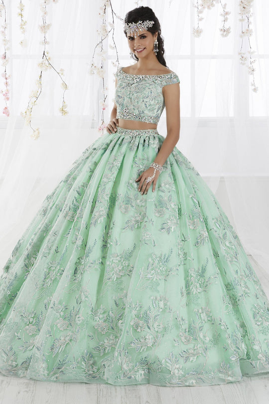 Fiesta Gowns - 56370 Two Piece Floral Off-Shoulder Ballgown In Blue and Green