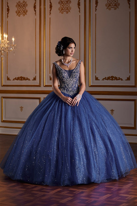 Fiesta Gowns - 56379 V-Neck Quinceanera Gown in Blue