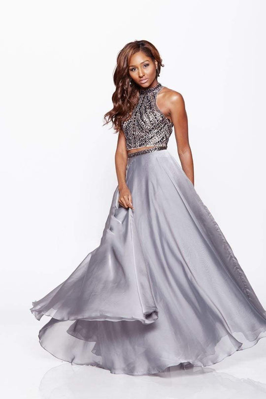 Milano Formals - E1940 Illusion Halter Two-Piece Gown in Gun Metal