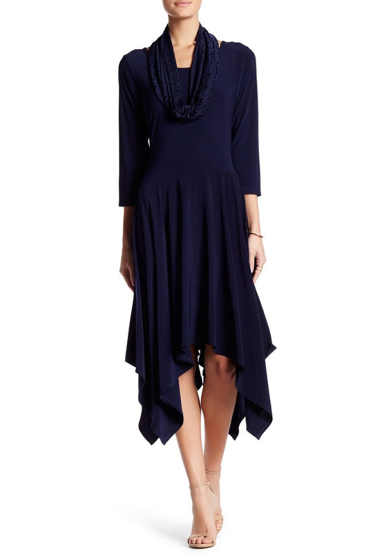 Nina Leonard - L48290BT Quarter Sleeve Flutter Hem Dress in Blue