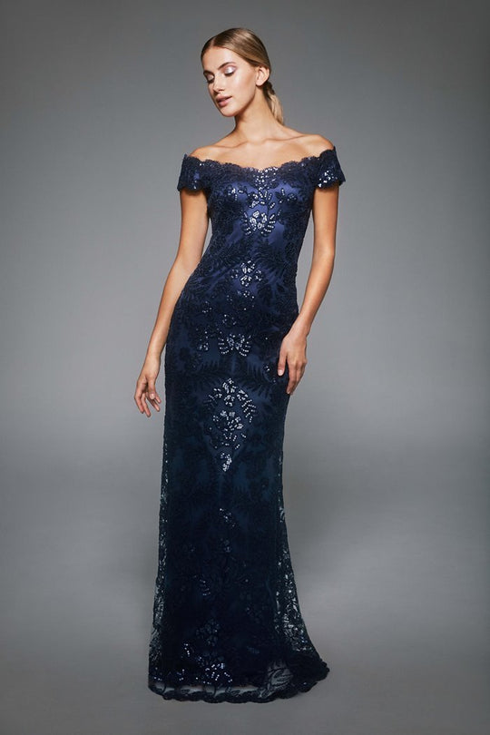 Tadashi Shoji - Sequined Scalloped Off Shoulder Long Gown In Blue