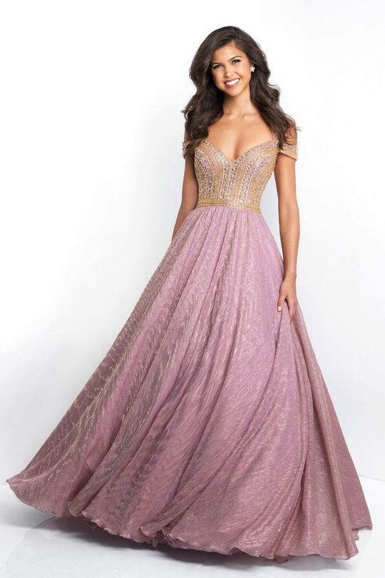 Blush - 5658 Crystal Embellished Cap Sleeves Gown In Pink and Gold