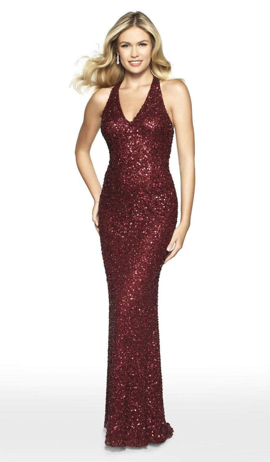 Intrigue by Blush - 565 Beaded Halter V-neck Sheath Dress In Red