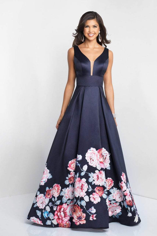 Blush - 5661 Plunging V-Neck Floral Printed Mikado Gown In Black and Multi-Color