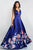 Blush - 5661 Plunging V-Neck Floral Printed Mikado Gown In Blue and Multi-Color