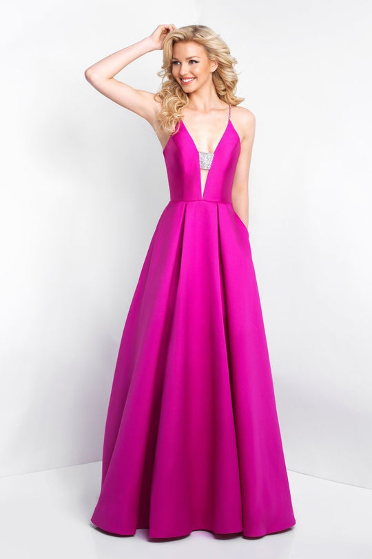 Blush - 5662 Plunging V-Neck Mikado Cutout Back Gown In Pink