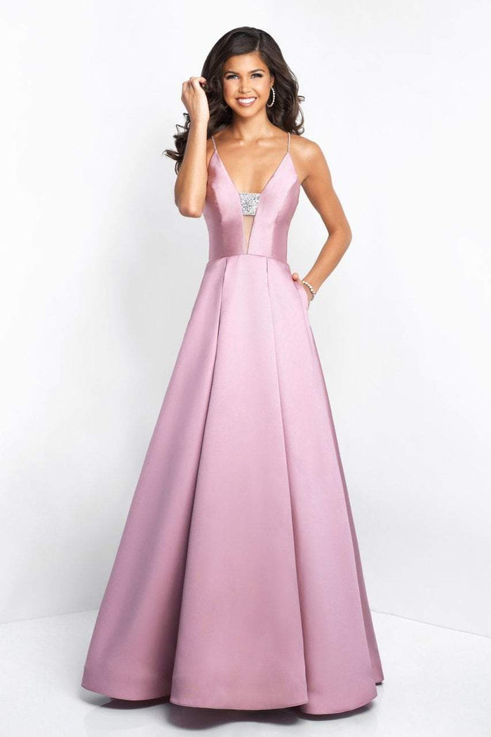 Blush - 5662 Plunging V-Neck Mikado Cutout Back Gown In Pink