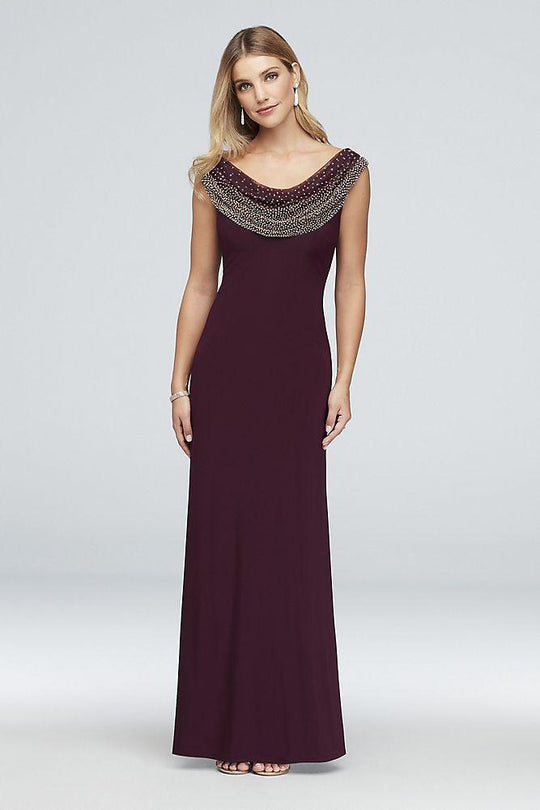 Cachet - 56736Q Shimmering Cowl Neck Long Sheath Dress In Red