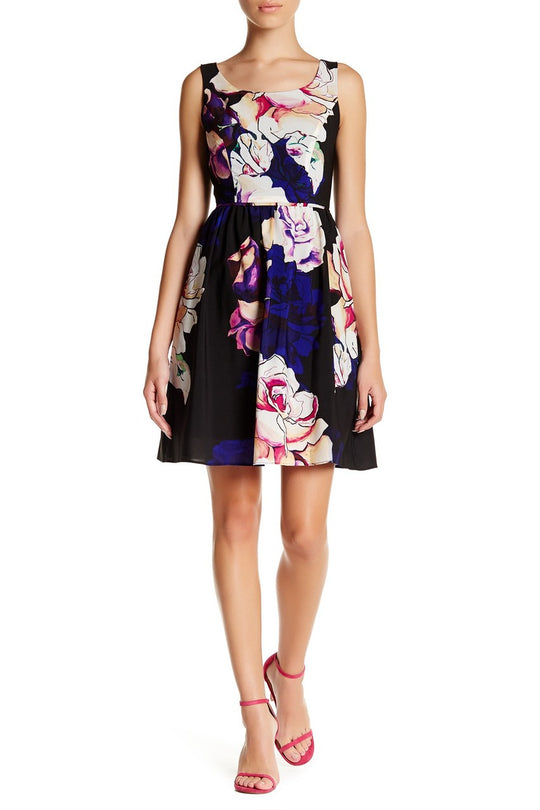 Adrianna Papell - 12253262 Floral Pleat A-Line Dress in Black and Multi-Color
