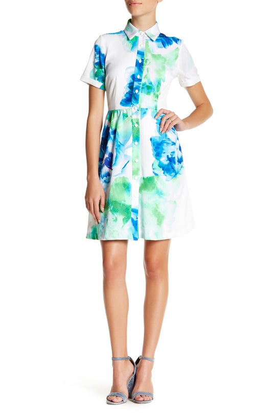 Donna Ricco - DR21301JP Collared Button Floral Short Sleeve Dress in White, Blue and Green