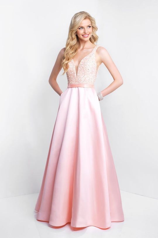 Blush - 5681 Pearl and Stone Embellished Plunging Gown In Pink