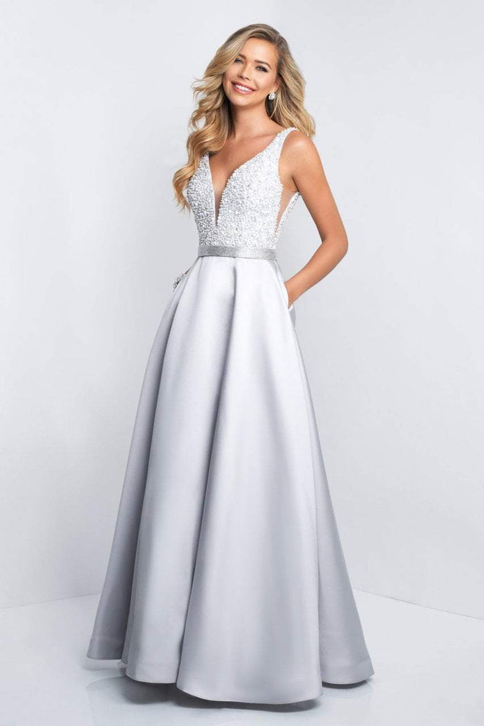 Blush - 5681 Pearl and Stone Embellished Plunging Gown In Silver