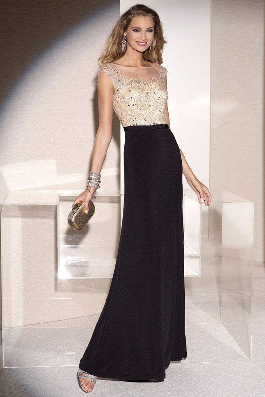Alyce Paris - Beaded Bataeu Neck Long Sheath Dress 5685 in Black/Champagne