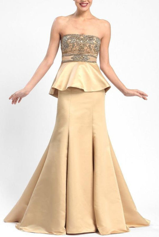 Sue Wong - W5206 Ornate Peplum Satin Gown In Gold