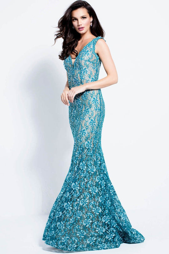 57046 Plunging Scalloped Lace Trumpet Gown
