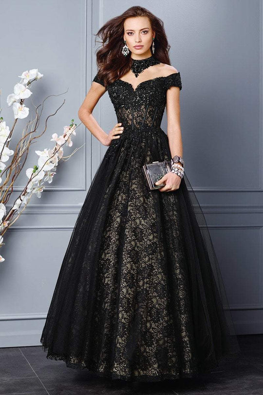 Alyce Paris - 5707 Beaded Lace High Neck Ballgown In Black and Neutral