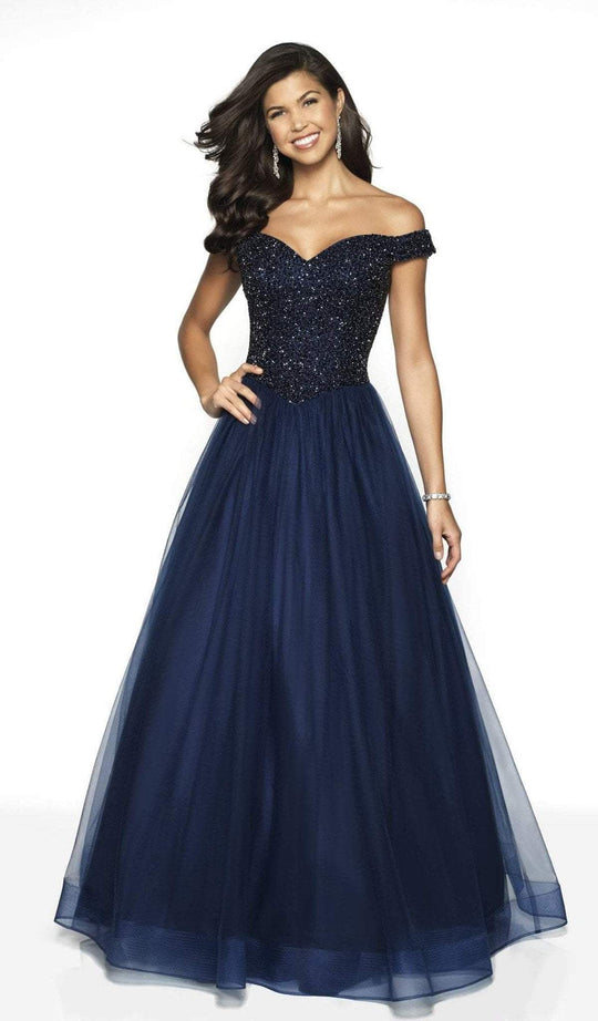 Blush by Alexia Designs - 5711 Hand Beaded Off-Shoulder Tulle Ballgown In Blue
