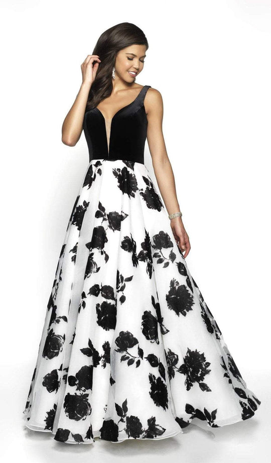 Blush by Alexia Designs - 5714 Plunging V-Neck Floral Dress In White and Black