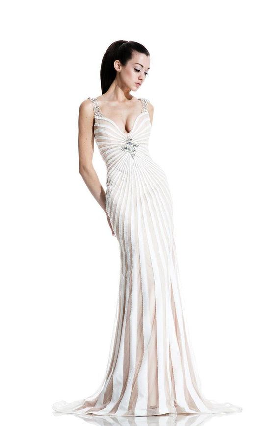 Johnathan Kayne - 509 Bedazzled V-neck Sheath Dress in White and Neutral