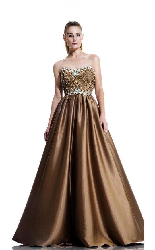 Johnathan Kayne - 511 Strapless Bejeweled Satin Gown in Gold