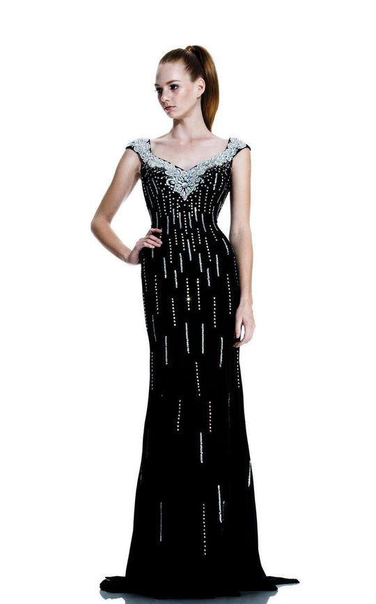 Johnathan Kayne - 519 Bejeweled V-neck Sheath Dress in Black