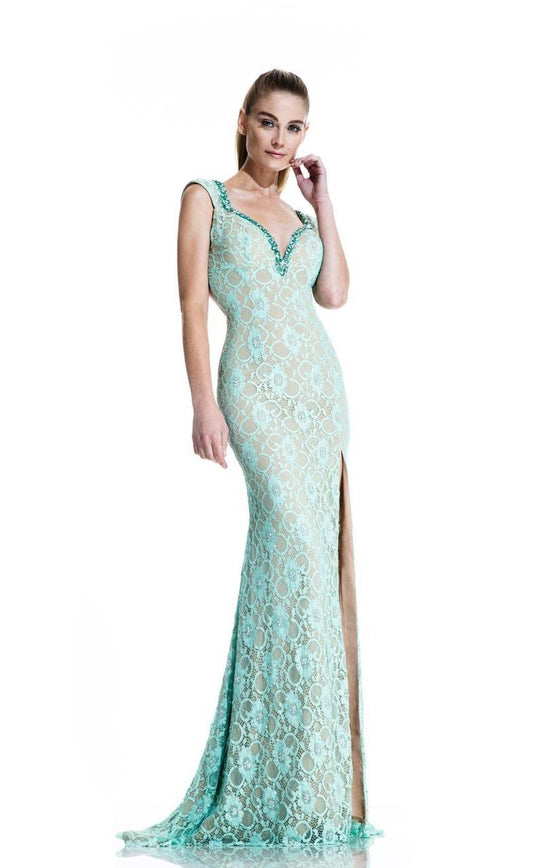 Johnathan Kayne - 535 Cap Sleeve Lace Accented Gown in Blue and Green