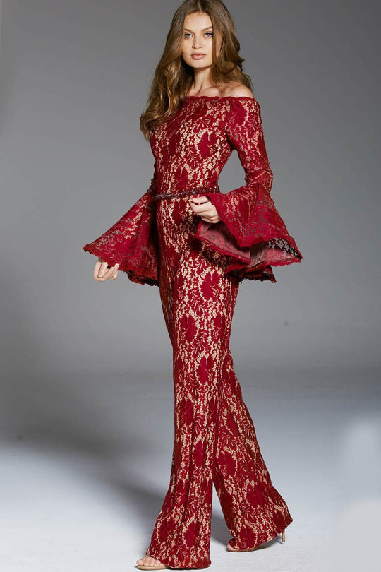 57203 Long Flounce Sleeve Off Shoulder Lace Jumpsuit