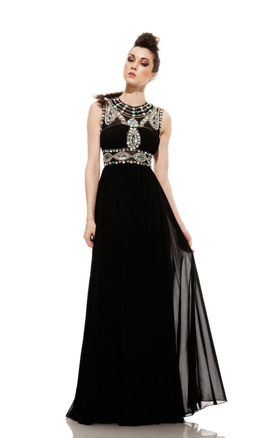 Johnathan Kayne - 596 Jeweled Illusion A-Line Gown in Black