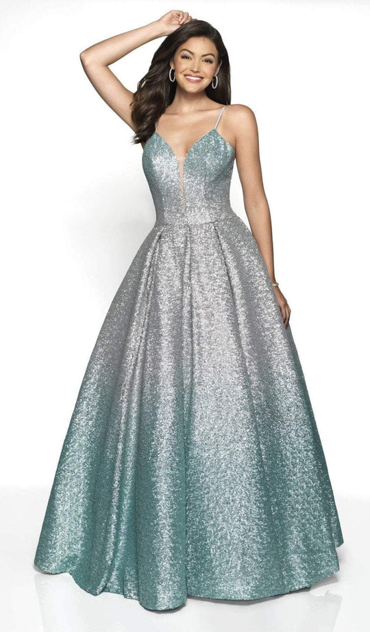 Blush by Alexia Designs - 5723 Sequined Plunging V-Neck Ballgown In Silver and Green