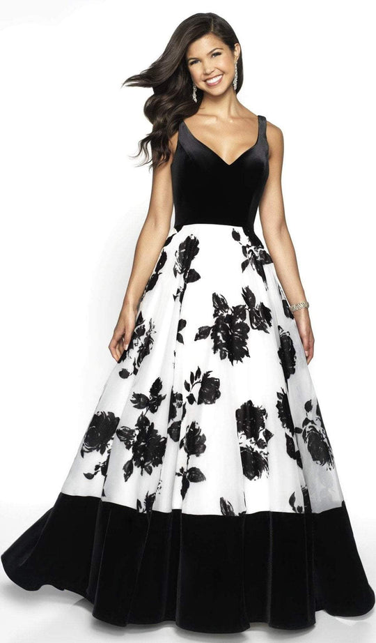 Blush by Alexia Designs - 5725 V-Neck Floral A-Line Dress In White and Black