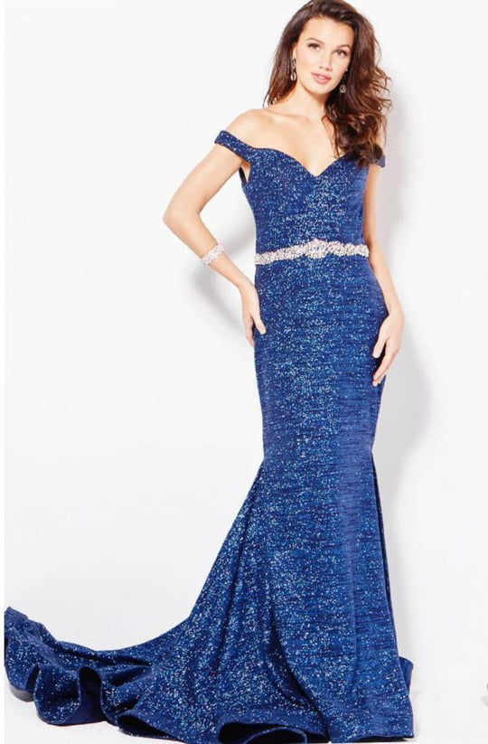 57267 Off Shoulder Beaded Belt Mermaid Gown