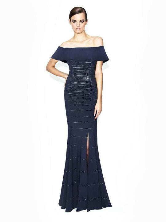 Daymor Couture - 572 Beaded Off-Shoulder Evening Gown in Blue