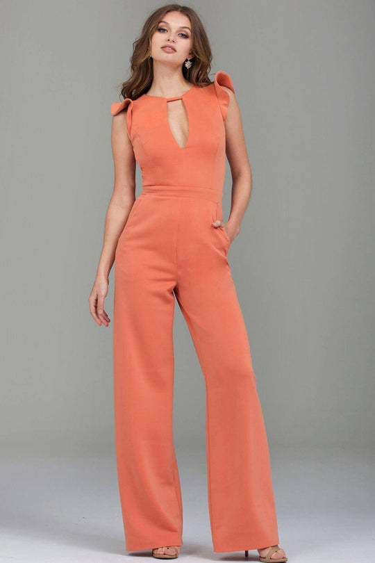 57444 Ruffled Cap Sleeve Keyhole Jumpsuit