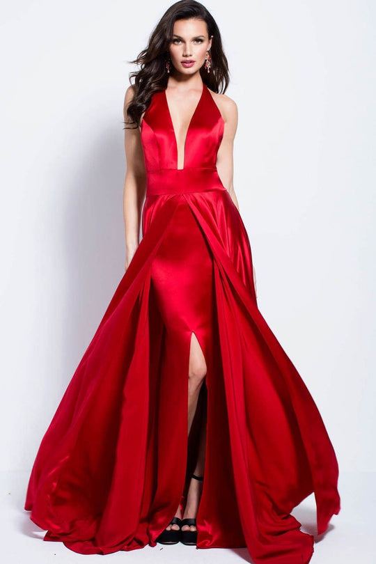 57537 Plunging Halter Satin Overlay Gown