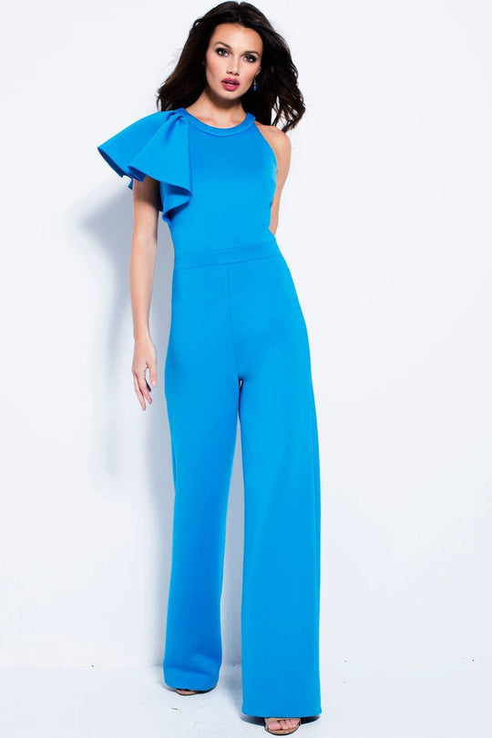 57580 Ruffled Sleeve Jewel Neck Jumpsuit