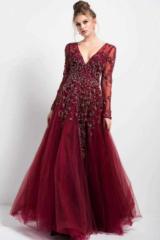 Jovani - 51587 Long Sleeve Illusion Adorned Gown In Red