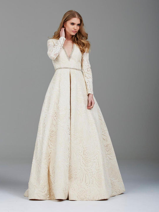 57599 Long Sleeved Embellished Ballgown